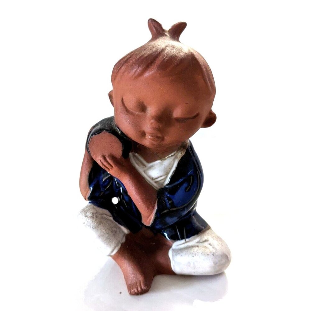 Vintage Japanese UCTCI Boy With Drum Redware Clay Pottery Figurine Small 4.5"